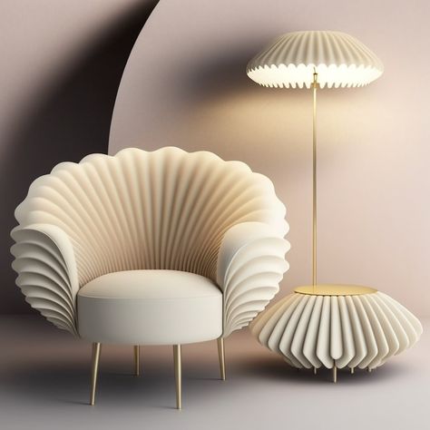 A designer chair part of a biophilic collection inspired by seashells. Collection is designed by Daleva Decor using AI Midjourney Ocean Inspired Furniture, Shell Furniture Design, Seashell Interior Design, Seashell Furniture, Seashell Chair, Organic Furniture Design, Shell Furniture, Small Room Sofa, Seashell Collection