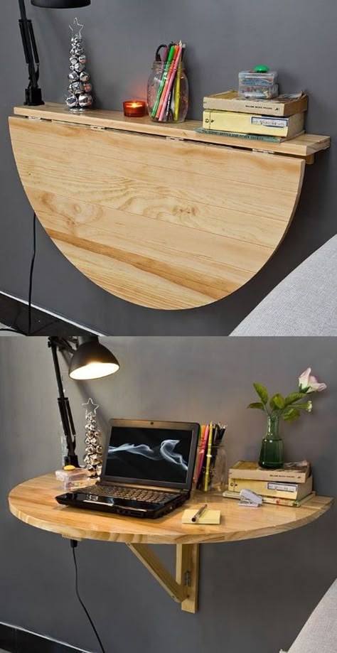 This a drop table. A small part of it is affixed to the wall and could serve as a space to place your things in. Then it could be propped up by a support underneath that will hold it up and become a table. It also comes with a socket underneath for your charging or your light. Small Bedrooms, Trendy Diy, Diy Kitchen Storage, Diy Bedroom, Remodeled Campers, Remodel Bedroom, Space Saving Furniture, Tiny Living, Bedroom Designs