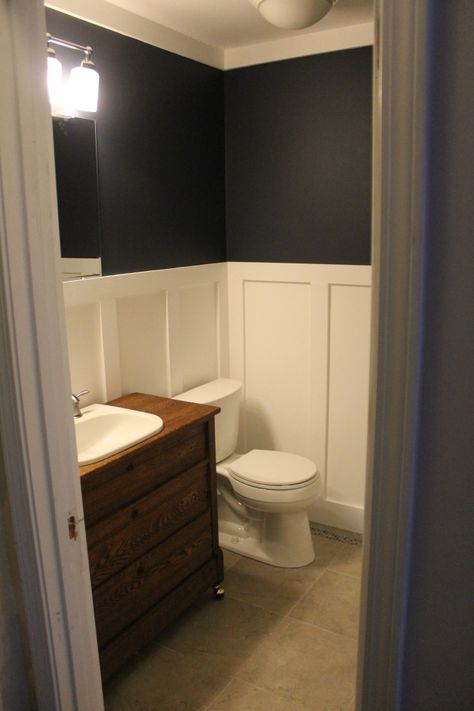 Lulabelle Farmhouse, Board And Batten Wall Bathroom, Diy Board And Batten Wall, Diy Board And Batten, Half Bathroom Remodel, Small Bathroom Diy, Powder Room Remodel, Batten Wall, Bath Makeover