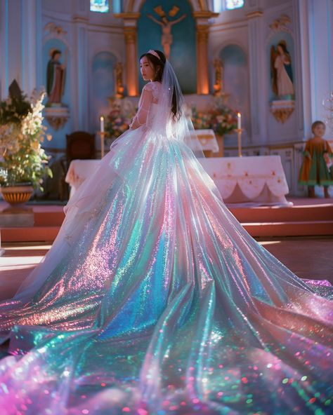 Iridescent Veil, Iridescent Wedding Dress, Iridescent Outfit, Royal Princess Dress, Iridescent Gown, Iridescent Aesthetic, Iridescent Wedding, Ethereal Princess, Neon Gods