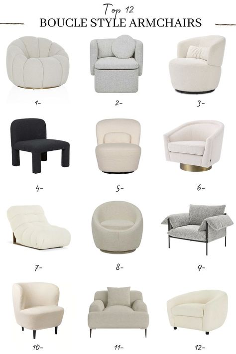 Boucle Furniture, New Furniture Design, Decorative Chairs, Types Of Interior Design Styles, Furniture Aesthetic, Boucle Chair, Sofa Design Living Rooms, Types Of Chairs, Living Room Armchair