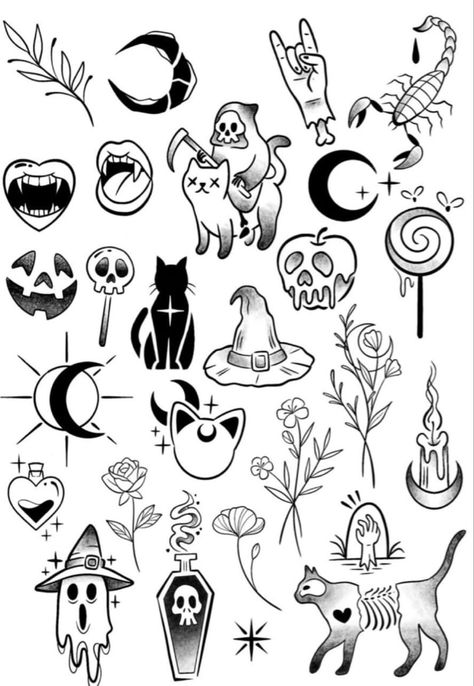 Cute Small Halloween Tattoos For Women, Tattoos Steampunk, Garra Tattoo, Astrological Tattoos, Sinister Tattoos, 200 Tattoo, Tattoos Space, Spooky Drawings, Halloween Tattoo Flash