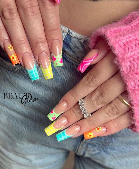 Summer Nails At Home, Mix Match Nails, Rave Nails, Nail Art 2023, Basic Nail, Acrylic Nails Summer, Spring Nails 2023, Nail 2023, Crazy Nail Art