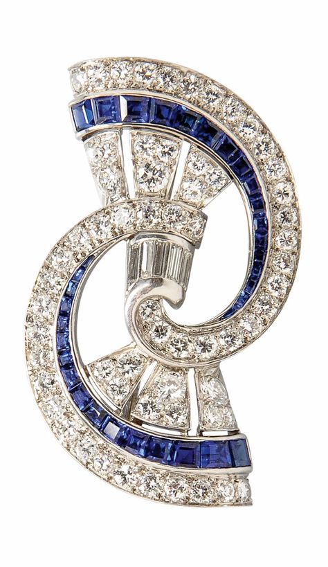 An Art Deco Platinum, Diamond, and Synthetic Sapphire Brooch, set with baguette and old European-cut diamonds, channel-set with synthetic sapphires, lg. 1 in. #ArtDeco Arte Art Deco, Sapphire Brooch, Bijoux Art Deco, Bijoux Art Nouveau, Art Deco Jewellery, Art Deco Brooch, Kay Jewelry, Vintage Jewelry Art, Art Nouveau Jewelry