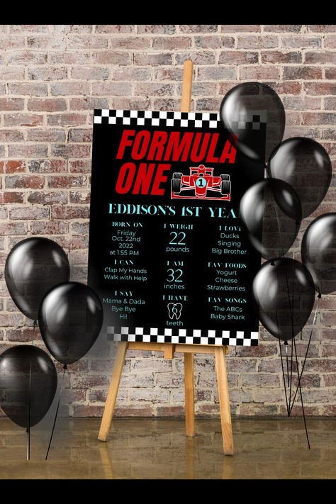 F1 Milestone Poster for baby Boy's 1st Birthday Party! Formula One First Birthday Party, F1 Baby Shower Theme, Formula 1 First Birthday Party Ideas, Formula 1 First Birthday, Formula 1 Birthday Party Ideas, F1 Birthday Party Ideas, Formula One Party, First Lap Birthday, F1 Birthday Party