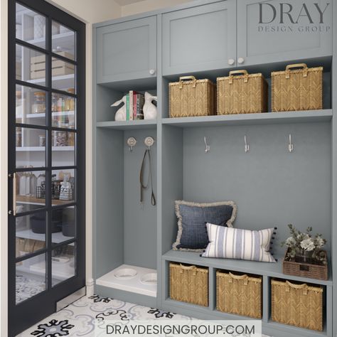 An inviting and organized mudroom and pantry with a timeless encaustic porcelain tile. Custom millwork designed by Dray Design Group in a Benjamin Moore French Toile paint finish. Dog Bowl Station, Evergreen Room, Walk In Pantry Design, Mudroom And Pantry, Mudroom Dog Room, Dream Mudroom, Basement Mudroom, Utility Room Organization, Bathroom Staging