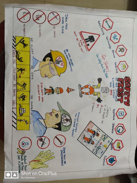 Safety first.Company level safety posters Safety In Workplace Poster, Company Safety Drawing, Safety Workplace Posters, Safety Week Poster Drawing, Hazard And Risk Poster Drawing, Mines Safety Poster Drawing, Safety Posters Workplace Ideas Drawing, Electrical Safety Poster Drawing, National Safety Day Poster