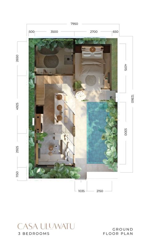 Bali House Plans Layout, Small Villa Layout, Small Bali Villa Floorplan, 2 Bedroom Villa Floor Plan, Small Bali House, Tiny Villa Design, Bali Villa Floorplan, Ground Floor Plan House, Small Villa Plan