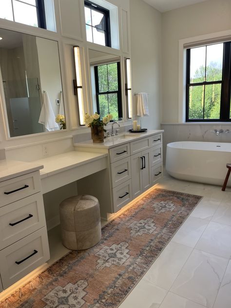 Small Home Transformation, Master Bath Washer And Dryer, House Inspo Bathroom, Large Master Bath Ideas Layout, Big Bathtub For Two, Long Master Bath, His And Hers Bathroom Master Baths, Bathroom Ideas Teen, Shared Bathroom Ideas Kids