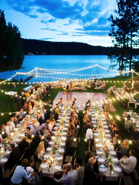 Woodland & Waterfront Pacific Northwest Wedding Inspired by Colorful Florals via Pacific Weddings Places To Have A Wedding, Selamat Hari Valentine, Lake House Wedding, Lake Como Wedding, Outdoor Dinner, Lakeside Wedding, Lake Tahoe Weddings, Waterfront Wedding, Tahoe Wedding