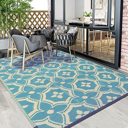 Vaukki Reversible Rug, Plastic Straw Outdoor Doormat, Plastic Outdoor Patio Mat, Lightweight Geometric Area Carpet for Patio, RV, Camping, Beach, Deck, Backyard and Picnic (Aqua Blue, 4'x6' Deck Rug, Straw Rug, Pots Plants, Deck Backyard, Patio Lights, Porch Rug, Patio Rug, Outdoor Rugs Patio, Outdoor Patio Lights