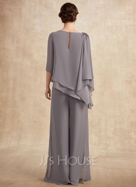 Jumpsuit/Pantsuit Separates Scoop Floor-Length Chiffon Mother of the Bride Dress With Beading (008261955) - JJ's House Bride Pantsuit, Jumpsuit Jean, Chiffon Outfit, 2 Piece Jumpsuit, Wedding Pants, Chiffon Jumpsuit, Two Piece Jumpsuit, Jean Pants, Mother Of Groom