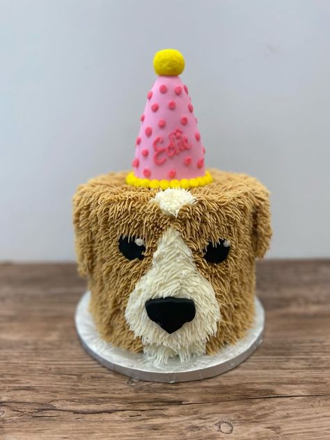 Cakes Shaped Like Dogs, Buttercream Puppy Cake, Shaggy Dog Cake, Cake Dog Decoration, Buttercream Dog Cake, Cake That Looks Like A Dog, Golden Doodle Cake, Puppy Dog Themed Birthday Cake, Birthday Cake Dog Design