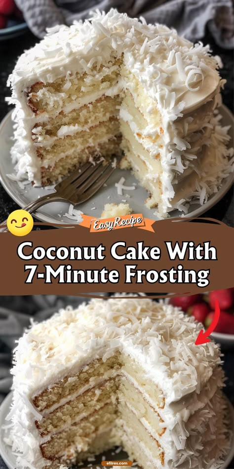 Celebrate with a slice of Coconut Cake topped with light, fluffy 7-minute frosting. A sweet, airy cake that's as beautiful as it is delicious.
#CoconutCake #FluffyFrosting #CakeLovers Coconut Cake Frosting, Old Fashioned Coconut Cake, Snowball Cake, Best Coconut Cake Recipe, Coconut Cream Cheese Frosting, Perfect Christmas Dessert, Coconut Cakes, Coconut Buttercream, Coconut Dessert