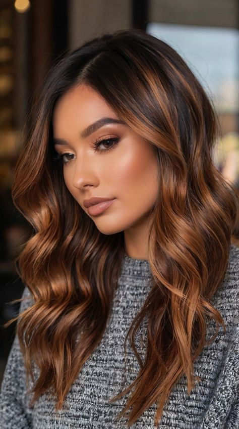 Copper Tips On Brown Hair, Brunette And Copper Balayage, Hair Colours 2024, Fun Summer Hair Color For Brunettes, Brown And Copper Balayage, Brunette Copper Balayage, Cooper Balayage Brunettes, Copper Brown Balayage, Dark Copper Balayage Brunette