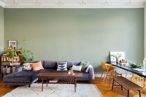 Mint Living Rooms, Sage Living Room, Modern Eclectic Living Room, Green Walls Living Room, Mediterranean Living Rooms, Dark Grey Couches, Blue Sofas Living Room, Blue Couch Living Room, Green Wall Color