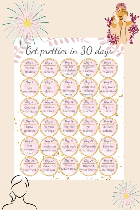 Get Prettier In 30 Days, No Phone Day Ideas, 30 Day Challenge Journal, 30 Day Tracker, Journal Checklist, Monday Routine, Day Tracker, Beauty Challenge, Get Prettier