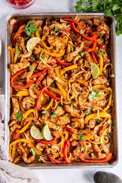 Sheet Pan Chicken Fajitas are an easy, healthy dinner idea that the whole family will love! Seasoned chicken and veggies cook on one pan for a flavorful meal that's quick to prep and so delicious. Easy Sheet Pan Chicken, Sheet Pan Chicken Fajitas, Healthy Mexican Recipes, Homemade Fajita Seasoning, Chicken Fajita Recipe, Pan Chicken Fajitas, Sheet Pan Suppers, Sheet Pan Chicken, Sheet Pan Dinners Recipes