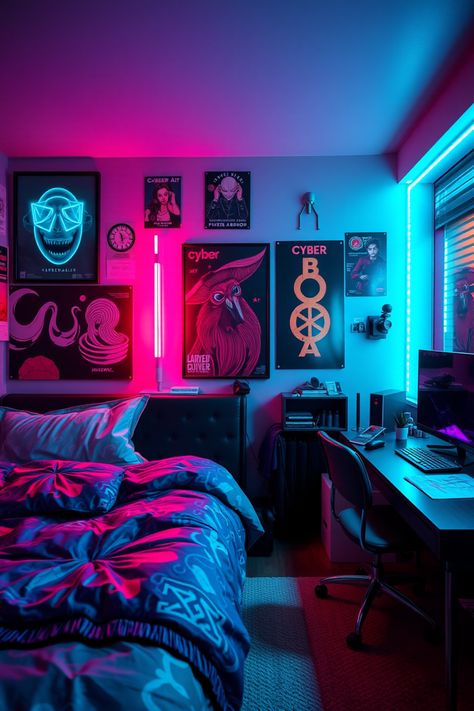 Cyberpunk Room Ideas, Cuber Punk, Cyberpunk Interior Design, Hippie Bedrooms, Cyberpunk Bedroom, Cyberpunk Interior, Cyberpunk Room, Hippy Bedroom, Punk Decor