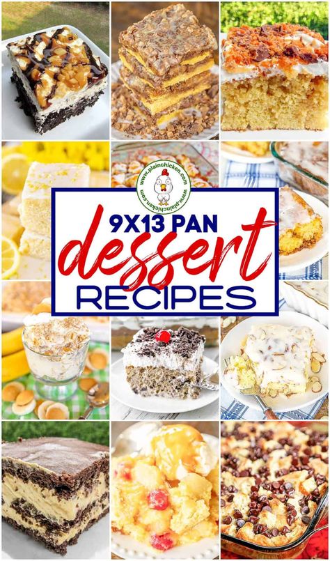 Easy 9x13 Dessert Recipes - 15 of our most popular dessert recipes that are made in a 9x13-inch pan. All of the recipes can be made in advance and refrigerated or stored overnight. Great for parties, potlucks, tailgating, and the holidays! Save this post! You are going to want to make all of these delicious recipes! #dessert #cake #cheesecake #pecans Family Reunion Desserts Easy Recipes, Cheap Cakes To Make, Dessert For Group Parties, Overnight Dessert Recipes, Potluck Deserts Easy, Easy 9 X 13 Cake Recipes, Non Refrigerated Desserts For A Crowd, 13 X 9 Desserts, Quick Birthday Desserts