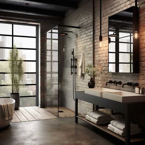 Exposed Brick Bathroom, Casa Rock, Modern Industrial Bathroom, Brick Bathroom, Industrial Bathroom Design, Industrial Showers, Industrial Design Style, Industrial Style Bathroom, Loft Bathroom