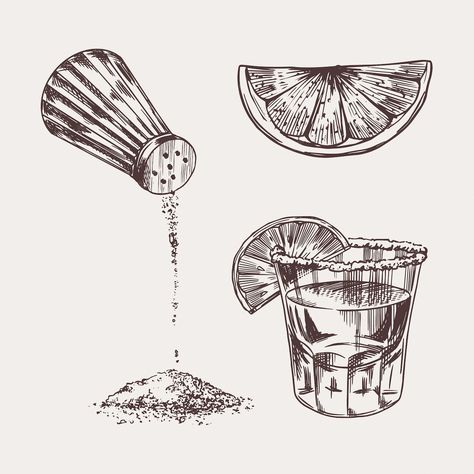 Tequila Drawing, Tequila Shot Tattoo, Tequila Tattoo, Cocktail Book Design, Shot Of Tequila, Meaning Tattoos, Matching Tats, Vodka Lime, Travel Tattoos