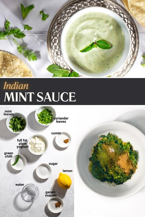 Indian mint sauce in a white bowl. Mint And Cilantro Recipes, Mint Dipping Sauce, Indian Mint Chutney, Indian Mint Sauce, Mint Sauce Recipe, Mint Chutney Recipe, Mint Dip, Healthy Good Food, Indian Sauces