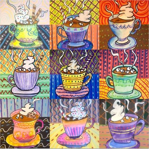 Hot Cocoa Art, Hot Chocolate Art, Heather Galler, January Art, Holiday Art Projects, Winter Art Lesson, Learning Art, Christmas Art Projects, Middle School Art Projects