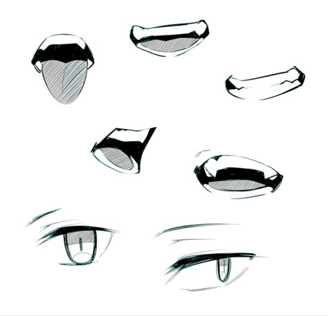 Mouths Drawing Anime, Anime Eyes Practice, Anime Practice Sketches, Anime Eyes And Mouth Drawing, Anime Base Mouth, How To Draw Anime Teeth, How To Draw Anime Style Face, Eye And Mouth Drawing, How To Draw An Anime Mouth