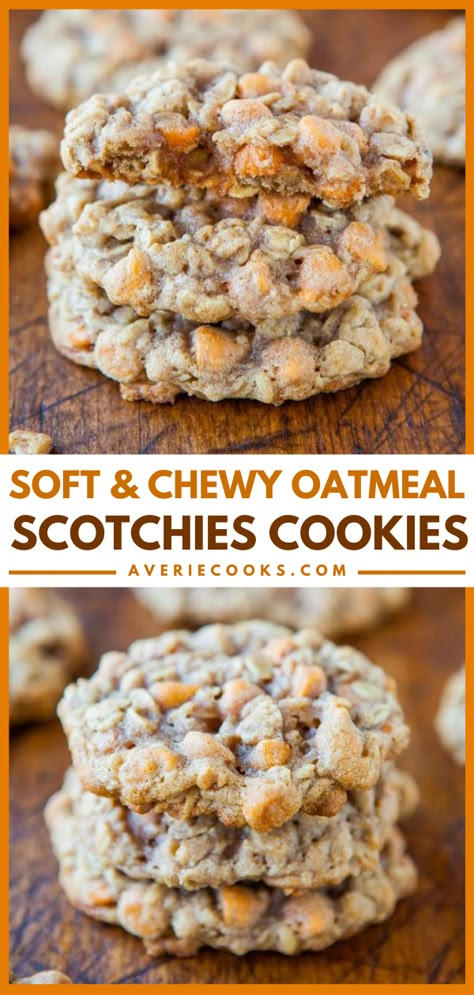 Oatmeal Scotchies Recipe (Oatmeal Butterscotch Cookies!) - Averie Cooks Scotch Cookies, Oatmeal Scotchies Cookies, Scotchies Cookies, Oatmeal Butterscotch, Butterscotch Chip Cookies, Oatmeal Scotchies, Oatmeal Butterscotch Cookies, Chocolate Marshmallow Cookies, Butterscotch Cookies