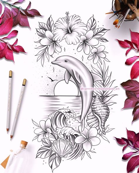 Dolphin tattoo designs 🐬🐬🐬 (both are sold) DM me to order your own custom design 💙🦋 No copying or tattooing of my #artwork please 🙏 If you order a custom design from me, it will be yours to wish as you please, may that be for art in your home / printing or tattooing. (Yes, that means you can take the design to a local artist of your choice to tattoo the design for you). I do not sell multiples copies of my art. I do once off sales only 🦋 #dolphin #art #tattoodesigns #tattoodesigner #dolphi... Dolphin Memorial Tattoo Mom, Animal Tattoos For Women Leg, Dolphin Rib Tattoo, Dolphin Tattoo Stencil, Dolphin Memorial Tattoo, Dolphin And Turtle Tattoo, Thigh Tattoos Women Wrap Around, Dolphin Tattoo For Women, Sea Sleeve Tattoo