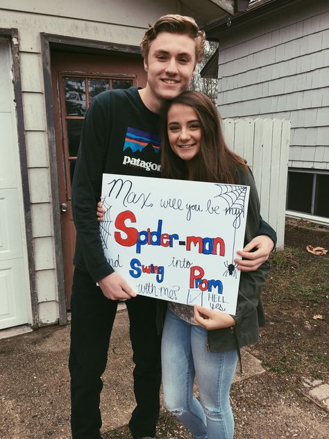 Homecoming Signs Spiderman, Spider Man Promposal Ideas, Spider Man Prom Proposal, Homecoming Proposal Spiderman, Spider Man Dance Proposal, Iron Man Promposal, Spider Man Prom Dress, Homecoming Proposal Ideas Spiderman, Spider-man Themed Hoco Proposal