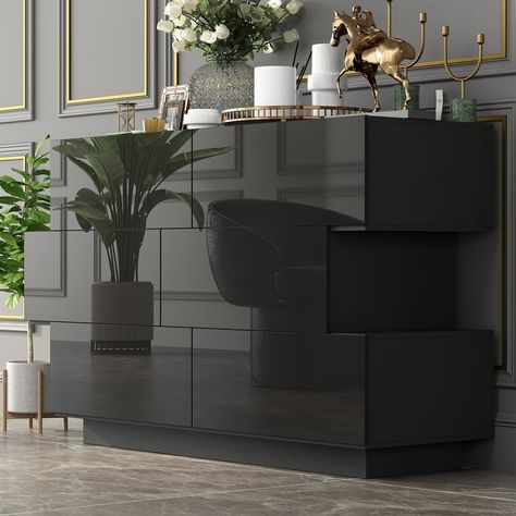 6 Drawers Dresser High Gloss Dresser Chest Off-Set Design Buffet - On Sale - Bed Bath & Beyond - 37475632 Bedroom Inspo Black, Black Chest Of Drawers, Townhouse Interior, Apartment Gift, Hair Salon Decor, Six Drawer Dresser, Dresser Chest, Accent Walls In Living Room, Apt Ideas