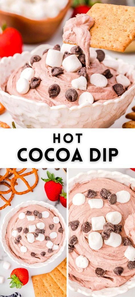 With 3 simple ingredients, you can put this easy hot cocoa dip recipe together in no time flat. This festive dessert dip is perfect for holiday parties or a winter afternoon. What a fun way to eat your hot cocoa! Hot Dessert Dips Crock Pot, Easy Sweet Treats For Party, 3 Ingredient Dessert Dip, Winter Snack Ideas For Party, Cheap Dip Recipes For A Crowd, Board Night Dessert, Easy Shareable Dips, Conoli Recipe Dip Easy, Cool Whip Hot Cocoa Dip