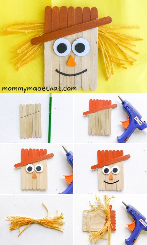 Popsicle Stick Scarecrow Craft. A cute fall craft for kids. Art For Kindergarteners, Popsicle Stick Scarecrow, Activities For Older Kids, Scarecrow Craft, Paper Plate Animals, Easy Preschool Crafts, Beachy Crafts, Scarecrow Crafts, Ice Cream Sticks