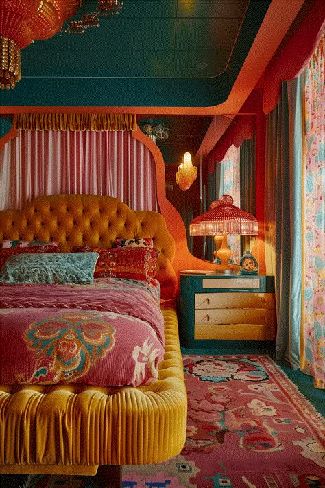 Funky Retro Bedroom, Vintage Decor Bedroom, Retro Bedroom Ideas, Pinterest House, 60s House, Colourful Decor, Retro Bedroom, Colorful Bedroom, Vintage Bedroom Decor