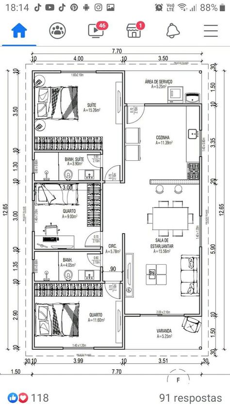 Square House Plans, House Interior Kitchen, Simple Floor Plans, Three Bedroom House Plan, Bungalow Floor Plans, Affordable House Plans, House Floor Design, Small House Floor Plans, Building Plans House