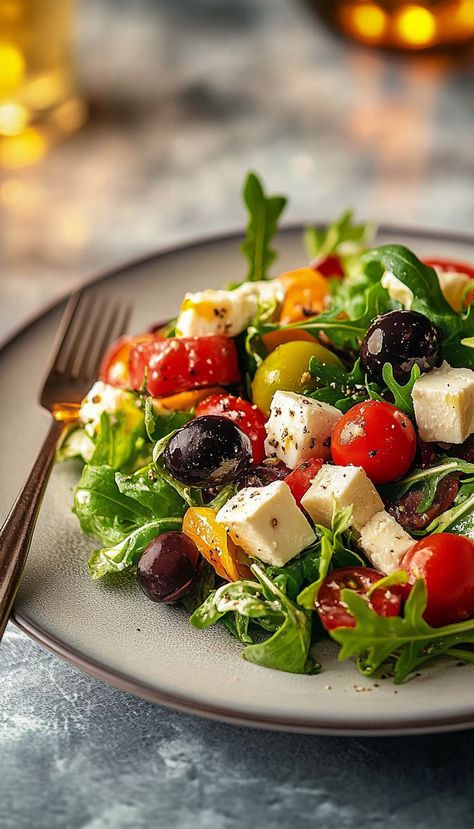 Brighten your table with this Refreshing Greek Salad Recipe, a light and healthy option for fall dinners. Crisp veggies, tangy feta, and a zesty homemade dressing make this salad a perfect pairing for hearty dishes like roasted chicken or grilled lamb. Quick, fresh, and full of Mediterranean flair! Italian Salad Aesthetic, New Salads Ideas, Grilled Veg Salad, Easy Feta Salad, Greek Salad Photography, Sport Food Healthy, Salad Italian Style, Fresh Salad Recipes Healthy, Greek Salad Aesthetic