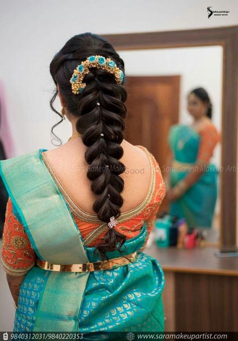 Photo of Fishtail braid hairstyle for South Indian bride Drawing Hair Braid, Indian Hairstyles For Saree, Hairstyles For Saree, South Indian Wedding Hairstyles, Messy Braid, Bridal Hair Decorations, Bridal Makeup Hairstyles, Bridal Hairstyle Indian, Hairstyle Indian Wedding