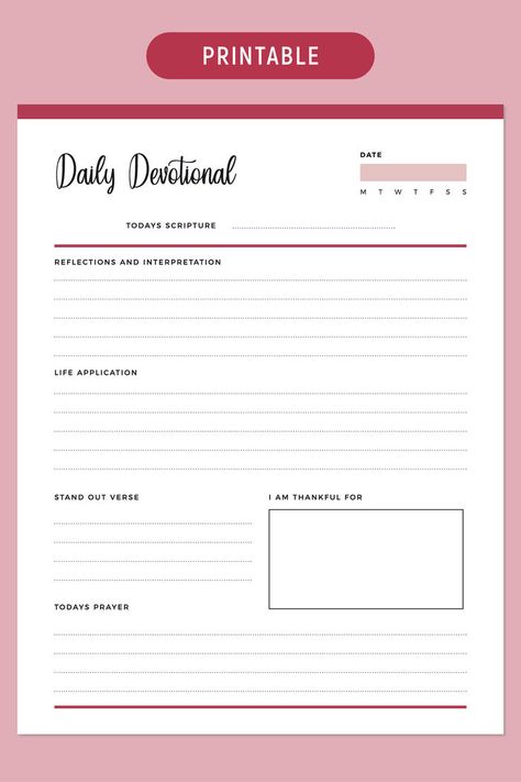 An image of a devotional journal printable with sections for scripture, reflection, and daily gratitude. Devotion Journal Layout, Devotional Template Free Printables, Daily Devotional Template, Printable Devotions For Women, Devotional Journal Ideas, Bible Journal Template, Devotional Ideas, Study Templates, Bible Study Template