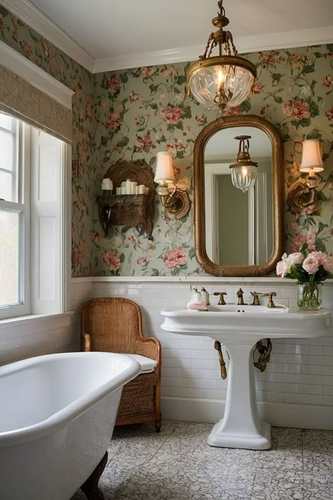 Cottagecore Half Bathroom, Vintage Victorian Bathroom, French Cottage Bathroom Ideas, Victorian Bathroom Ideas, Baie Vintage, Design Interior Baie, Victorian Bathroom, Cottage Bathroom, Casa Vintage