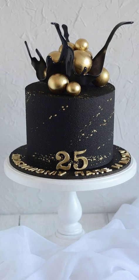 10. Textured black birthday cake When it comes to celebrate 25th birthday, you would want to celebrate in style and keeps the memory for... 25th Bday Cakes For Him, Textured Cake Ideas, 30th Birthday Cake Black And Gold, 25th Cake Birthday, 25th Birthday Ideas For Her Cake, 25 Cake Ideas, All Black Cake Birthday, Black And Gold Theme Cake, Black And Gold Birthday Cakes