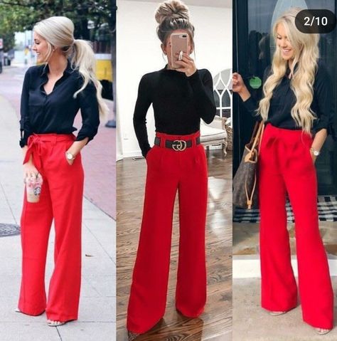 Black Top Red Pants Outfit, Red Wide Trousers Outfit, Red Trousers Work Outfit, Red Pants Wide Leg Outfit, Red Pants Business Outfit, Red Wide Leg Pants Outfit High Waist, Work Outfits With Red Pants, Red Office Pants Outfit, Red Bootcut Pants Outfit