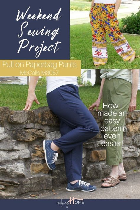 Sew these easy pull on pants in a weekend even as a beginner! See my shortcuts and tips for sewing this McCalls pattern more quickly. Work Pants Pattern, Mending Hacks, Pants Pattern Free, Embroidery Mending, Sew Pants, Tips For Sewing, Beginner Sewing Patterns, Sewing Projects Free, Paperbag Pants