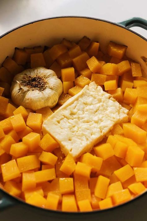 Roasted Feta Soup with Butternut Squash & Honey - Grilled Cheese Social Squash Feta Soup, Roasted Feta Soup With Butternut Squash, Roasted Butternut Squash Feta Soup, Butternut Feta Soup, Roast Squash Recipes, Roasted Feta Soup, Savory Squash Recipes, Vegetarian Butternut Squash Recipes, Butternut Squash Recipes Sweet