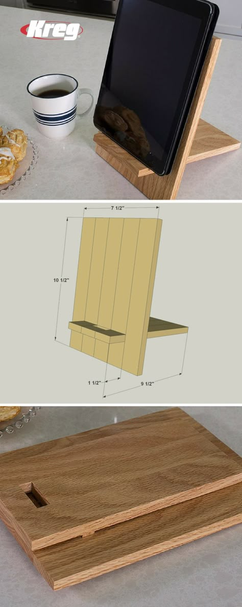 This handy stand holds your tablet so you don’t have to, and puts it at a perfect angle for use. You can even store the stand flat by removing the leg and locking it into the face. Free printable plan with how-to steps, tools & materials list, cut list & diagram.  Save Now - Build Later! Discover hundreds more DIY ideas + how-to videos at buildsomething.com! #tablet #ipad #diyproject #woodworking #kitchen #giftidea #diygift Ipad Holder Diy, Diy Tablet Stand, Ipad Stand Diy, Diy Ipad Stand, Wood Iphone Stand, Wooden Ipad Stand, Diy Phone Stand, Diy Stand, Wood Phone Stand