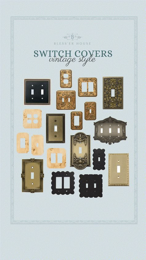 10 vintage style light switch covers for all budgets to swap with your new plastic wall plates to give your home character and charm. Picture Frame Over Light Switch, Antique Brass Switch Plates, Decorative Wall Plates Light Switches, Anthropologie Light Switch Cover, Vintage Light Covers, Switch Covers Ideas Wall Plates, Antique Outlet Covers, Light Plate Covers Ideas, Outlets On Dark Walls