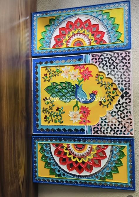 Wall Painting At Home Ideas, Jharokha Designs Mdf, Mandala Art Ganpati Decoration, Lippan Art With Painting, Lippin Art Mirror, Large Lippan Art, Mirror Art On Canvas, Diy Jharokha Frame, Lippan Art Mirror Jharokha