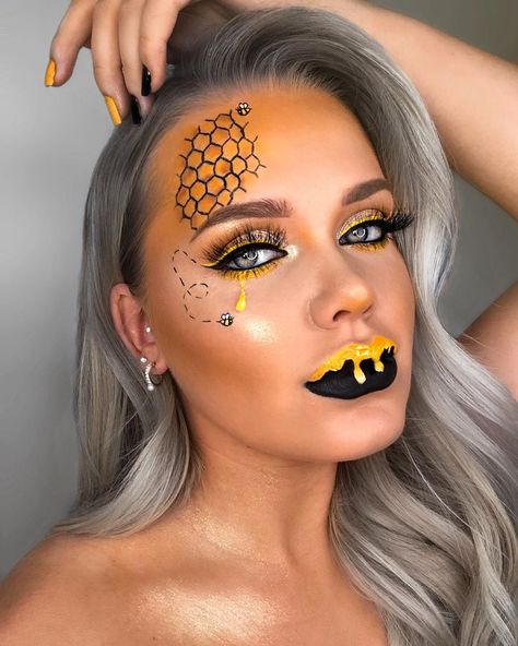 Bee Costume Makeup, Bee Face Paint, Tatti Lashes, Bee Makeup, Animal Makeup, Fun Makeup, Bee Costume, Halloween Eye Makeup, Face Art Makeup