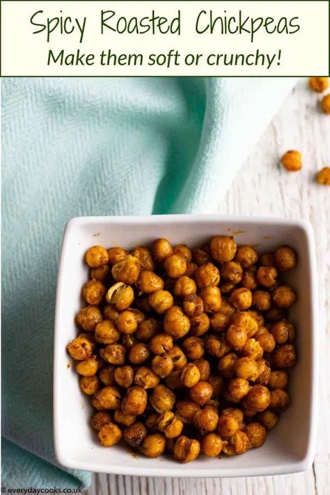 Spicy Roasted Chickpeas can be added to salads or eaten alone. Make them extra crunchy for a a healthy snack. #everydaycooks #roastchickpeas #roastgarbanzobeans Chickpeas For Salad, Spicy Roasted Chickpeas, Spicy Chickpeas, Chickpea Snacks, Crunchy Chickpeas, Savoury Snacks, Eating Alone, Homemade Hummus, Chickpea Recipes